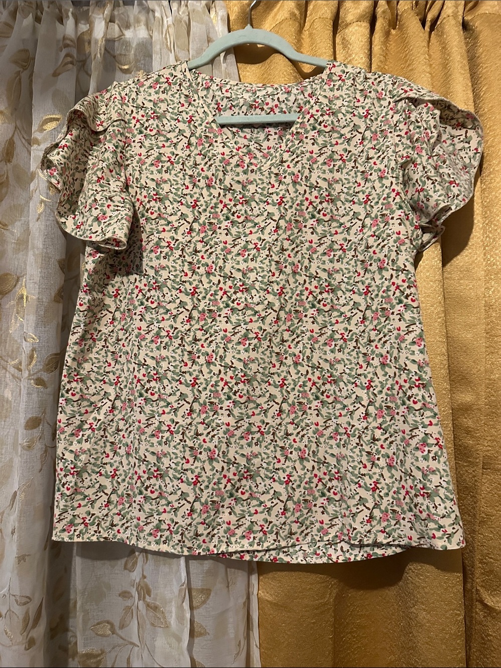 Floral Ruffle Sleeve Women's Top - Cream with Pink & Green